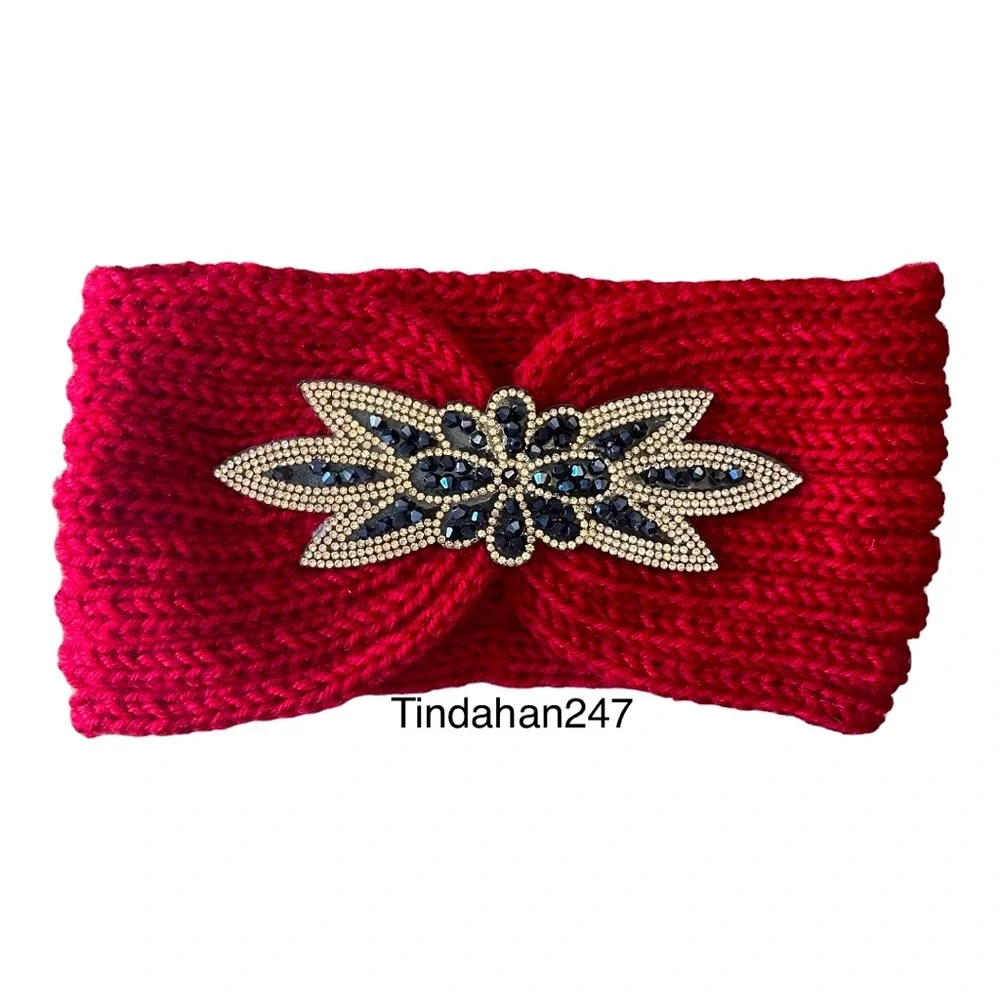 Daisy Gem Flower Design Bloody Red Knit Knot Crochet‎ Handmade Headband